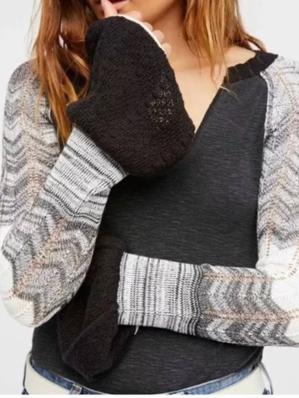 Free People Sunshine Thermal Top Bell Sleeve Contrast Knit Gray XS